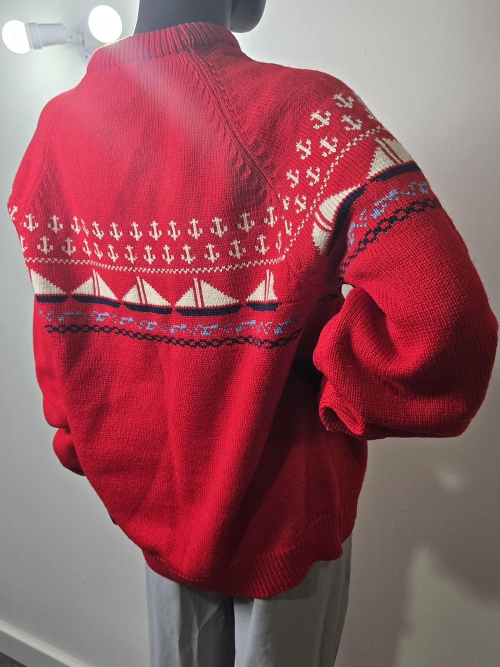 Men's 100% Wool Red Nautical Crewneck Sweater - Picture 2 of 11